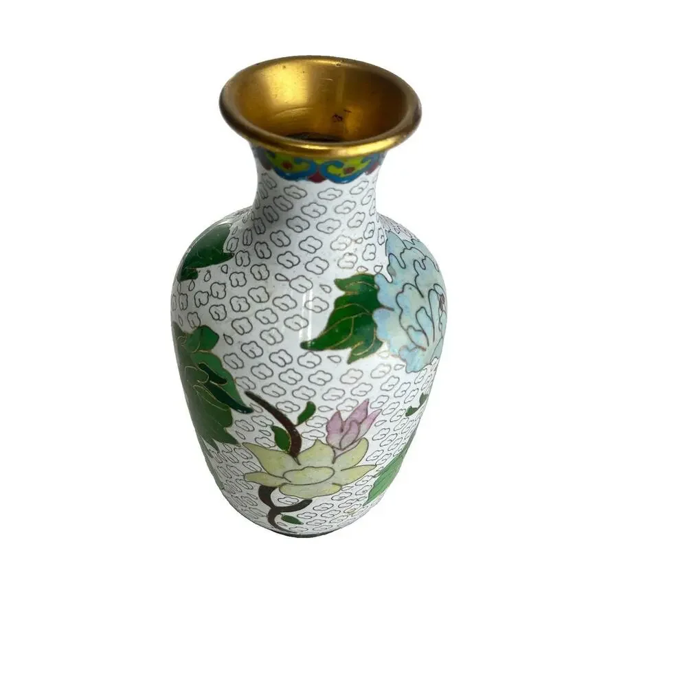 vintage chinese cloisonne vase brass white enamel peony bird butterfly decor